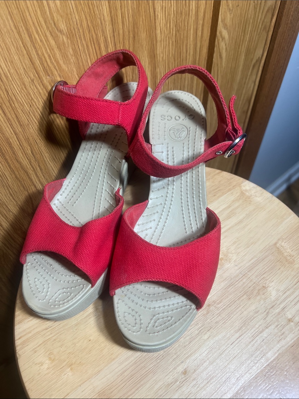 CROCS Red Canvas Ankle-Strap Wedge Sandals